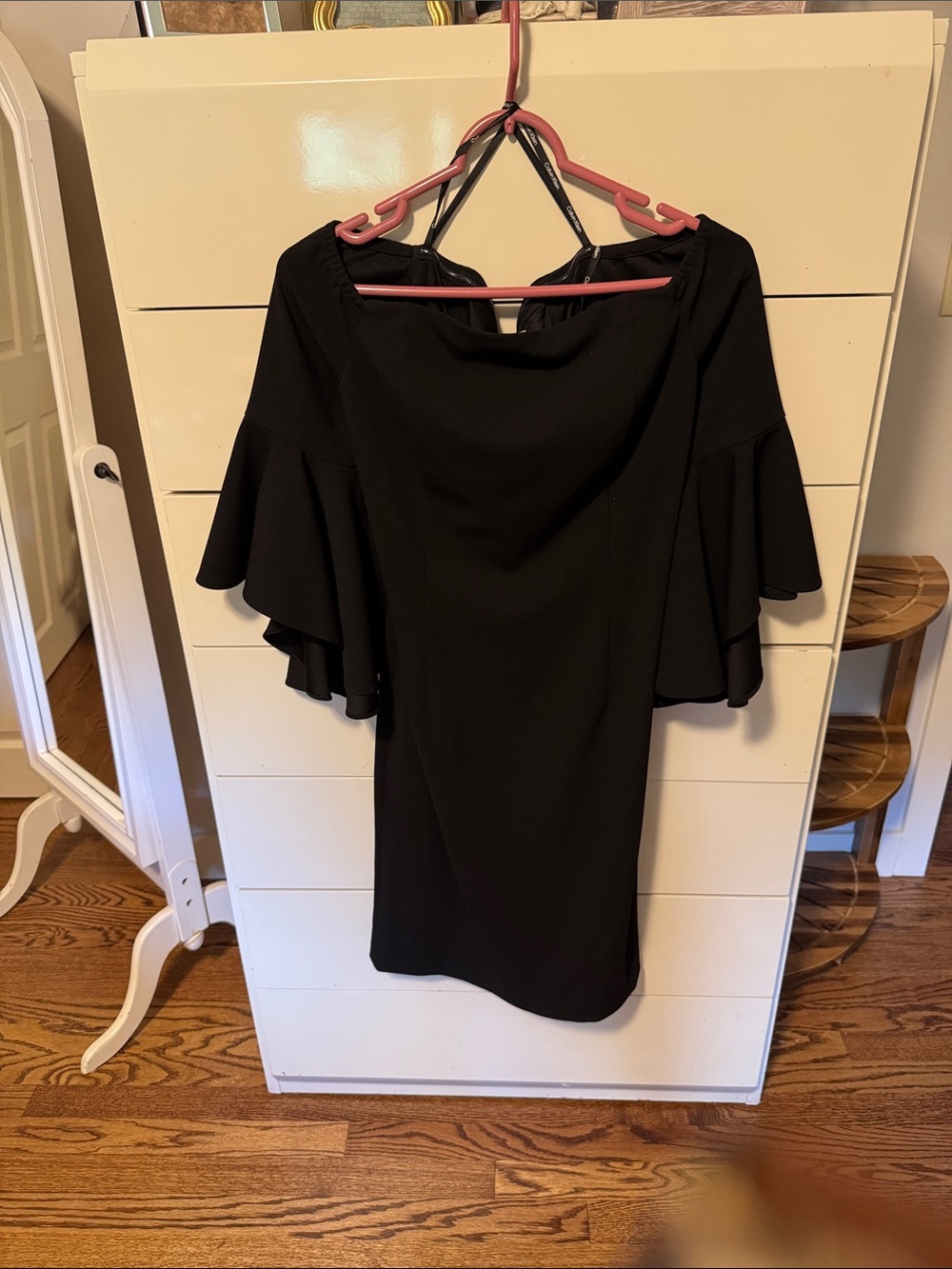 Calvin Klein Black Off-Shoulder Midi Dress with Ruffle Sleeves